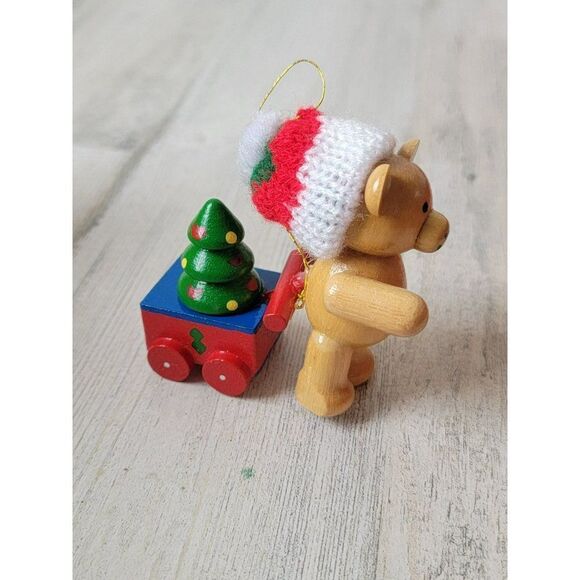 Wooden teddy bear wagon tree heart ornament Xmas decor - Picture 5 of 6
